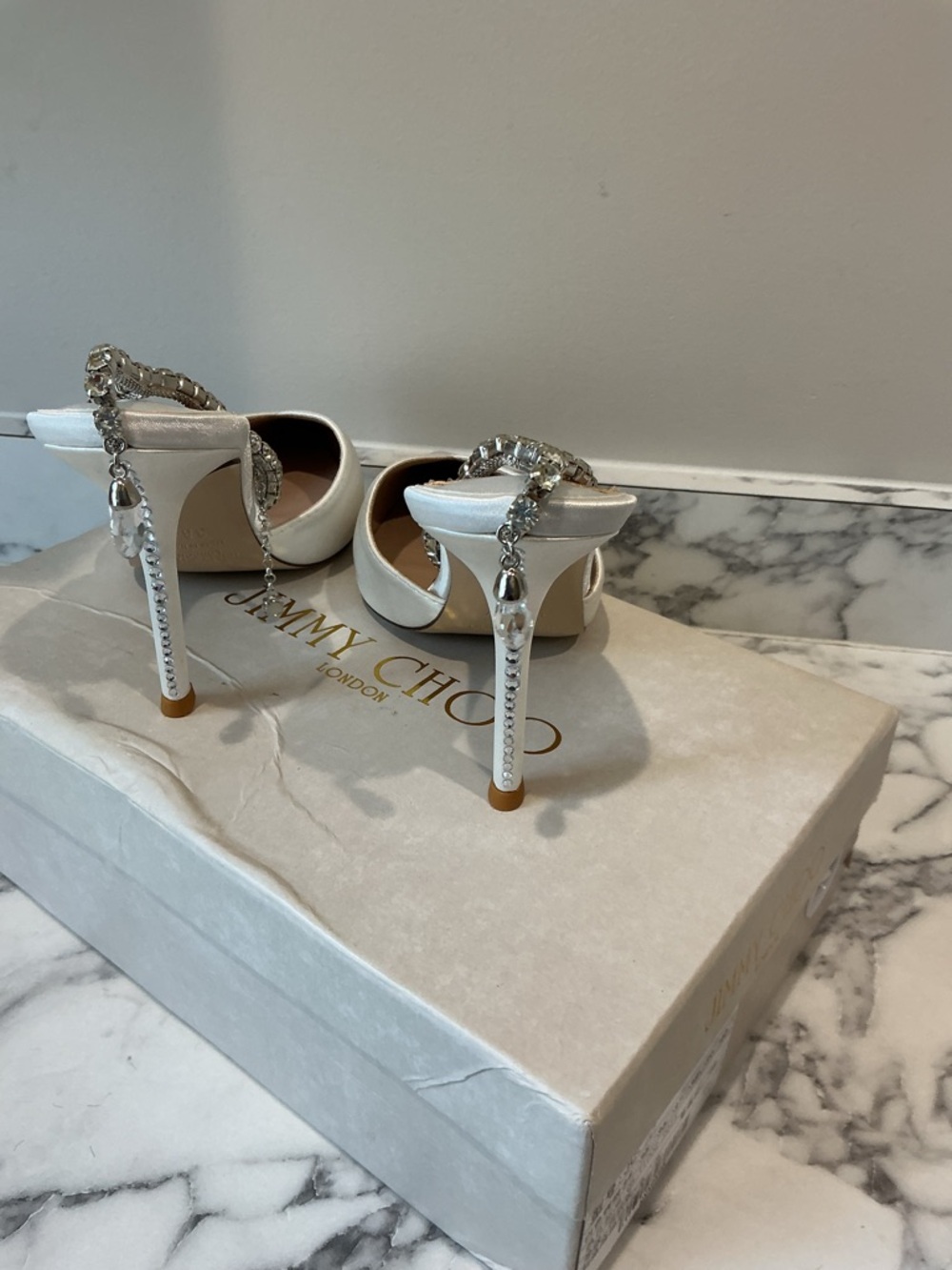 Jimmy Choo Ivory Satin Pointed Toe Crystal-Strap Slingbacks - Picture 4 of 5